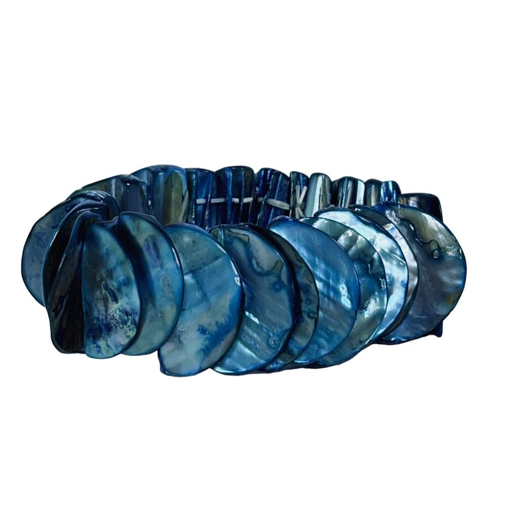 Vintage Wide Blue Abalone Shell Stretch Bracelet (5520)